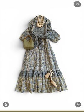 State Street Maxi Tiered Floral Dress in Olive & Slate Blue